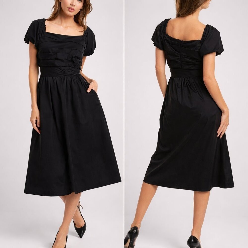 Elie Tahari Black Topaz Puff Sleeve Pleated Poplin Midi Dress SZ 10 Minimalist